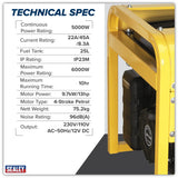 Sealey GG7500 Generator 6000W 13hp 4-Stroke Engine 110/230V