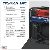 Sealey GI3500 Inverter Generator 3500W 4-Stroke Engine 230V
